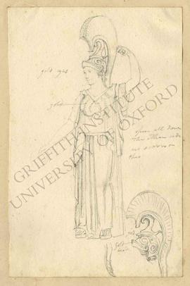 Three-quarter view of free-standing bronze statuette of Athena with helmet and silver inlays (Nap...