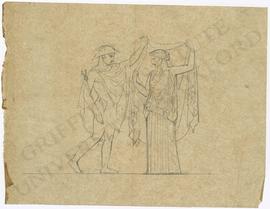 Hermes in winged hat (petasos) and winged sandals with caduceus unveiling a woman in classical dress