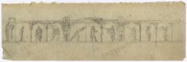 Portico design with Egyptianizing floral columns, telamones (male caryatids), and classical and E...