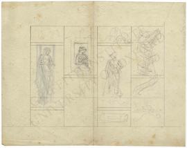Two sketches of women by window and standing male