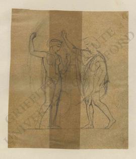 Man in broad-brimmed hat (petasos) with sword or staff unveiling a woman in classical dress