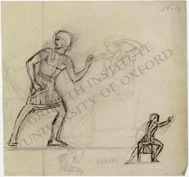 Man in military outfit lunging towards seated woman fastening earring, with two details of seated...