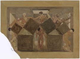 Design for a ceiling fresco, with nude men between cubic stone blocks
