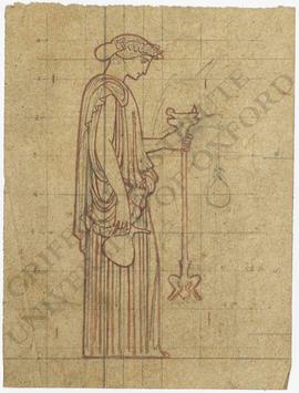 Woman holding ewer and lamp in grid