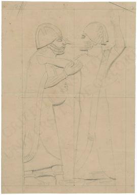 Relief depicting one man striking another man holding decapitated head, Neo-Assyrian; sketch in g...