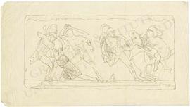 Marble slab of the Amazon frieze of the Mausoleum of Halikarnassos, with three Greek warriors and...