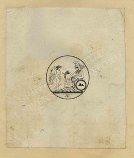 Circular design of Britannia replenishing the lamp of the genius of art, with annotations and ske...