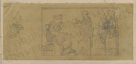 Sketches of three standing women presenting objects (including building and statue models) to sea...