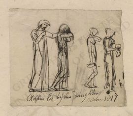 Oedipus led by his daughter, and sketches of two female figures holding vases