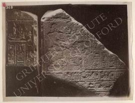 Fragment of the stela of Psammethek-emakhet showing the deceased seated before the offerings on t...