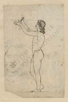 Profile view of standing male nude with hands upraised, with frontal sketch of face and other fig...