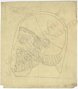Relief depicting bearded male foreigner's head profile, probably a Syrian, Neo-Assyrian; sketch/t...