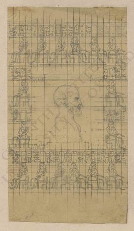 Composition with Classical(?) bust surrounded by enthroned Egyptian kings in grid