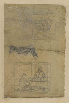 Sketches of woman kneeling before turbanned man, and child holding lamp aloft