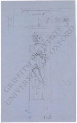 Fireplace design; frontal view of child caryatid with quiver, with measurements