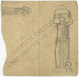 Two sketches of woman holding container on head [lighthouse design with colossal statue of woman]