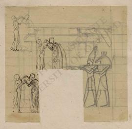 Three sketches of man drinking water from amphora being held by woman (Classical) and sketch of E...