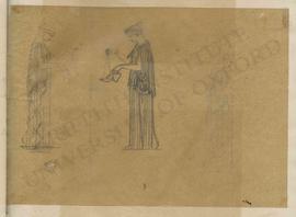 Three designs of woman pouring oil into a lamp (mirror views)