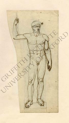 Free-standing sculpture of spear bearing male nude, pencil sketch of head underneath ink facing o...