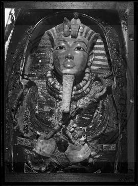 This photograph, taken on 29 October 1925 by Harry Burton, is the first showing Tutankhamun's famous gold mask, as found, placed over the head and upper chest of the King's wrapped body.