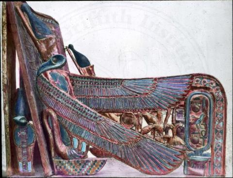 Howard Carter's hand-coloured lantern slide, one of the throne's arms.