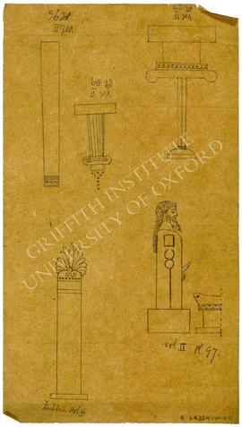 Five ornamental/commemorative column designs from ancient Greek pottery decoration, traced from p...