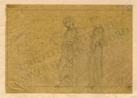 Three standing women presenting objects (including building and statue models) to seated female s...