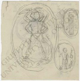 Emblem designs: Colossus of Rhodes(?), fasces and god holding Nike