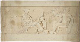 Frieze design featuring seated nude warrior (perhaps Ares) with spears and shield, seated woman (...
