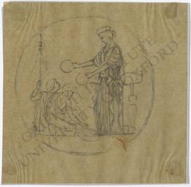 Tondo design of female figure (probably goddess) awarding wreaths to two kneeling men