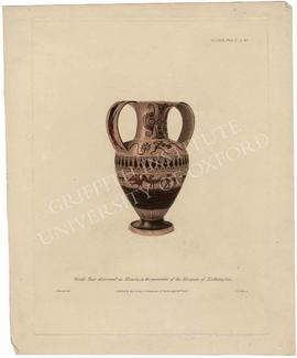 Coloured lithograph of Greek vase by Nikosthenes, discovered in Etruria, from the collection of t...