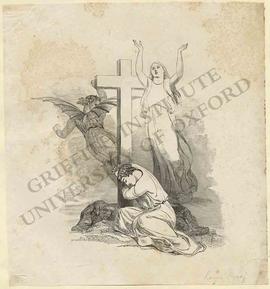 Print with man kneeling at the foot of the cross, angel, and Mary's assumption into Heaven