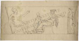 Frieze design featuring seated nude warrior (perhaps Ares) with spears and shield, seated woman (...