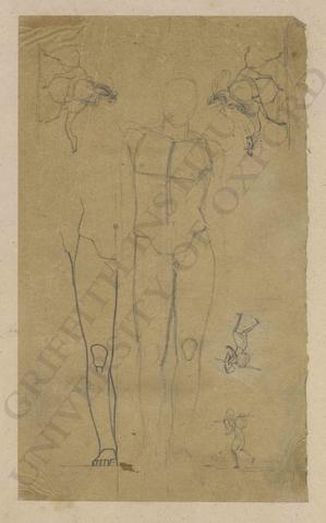 Sketches of male nude, marching figure carrying bindle, and figure