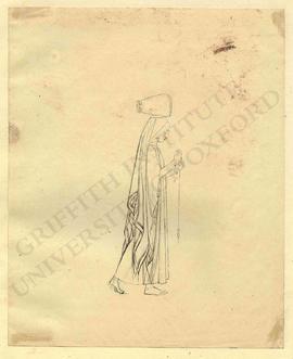 Walking woman with amphora on head and holding drop spindle